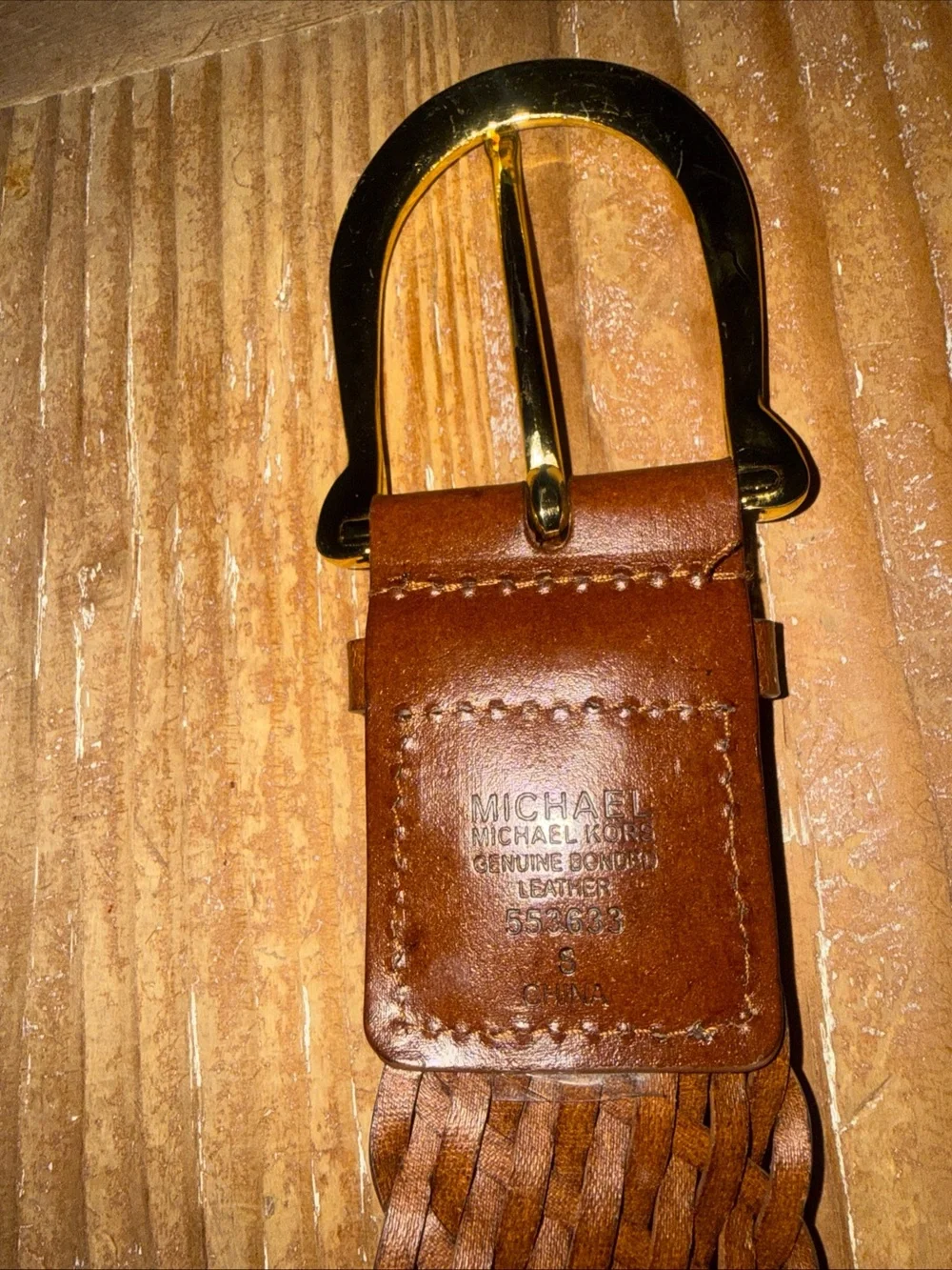 Michael Kors 553633 Brown Leather Braided Belt Gold Buckle  display picture 2